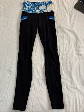 Lululemon Black Leggings with Blue Floral Waistband